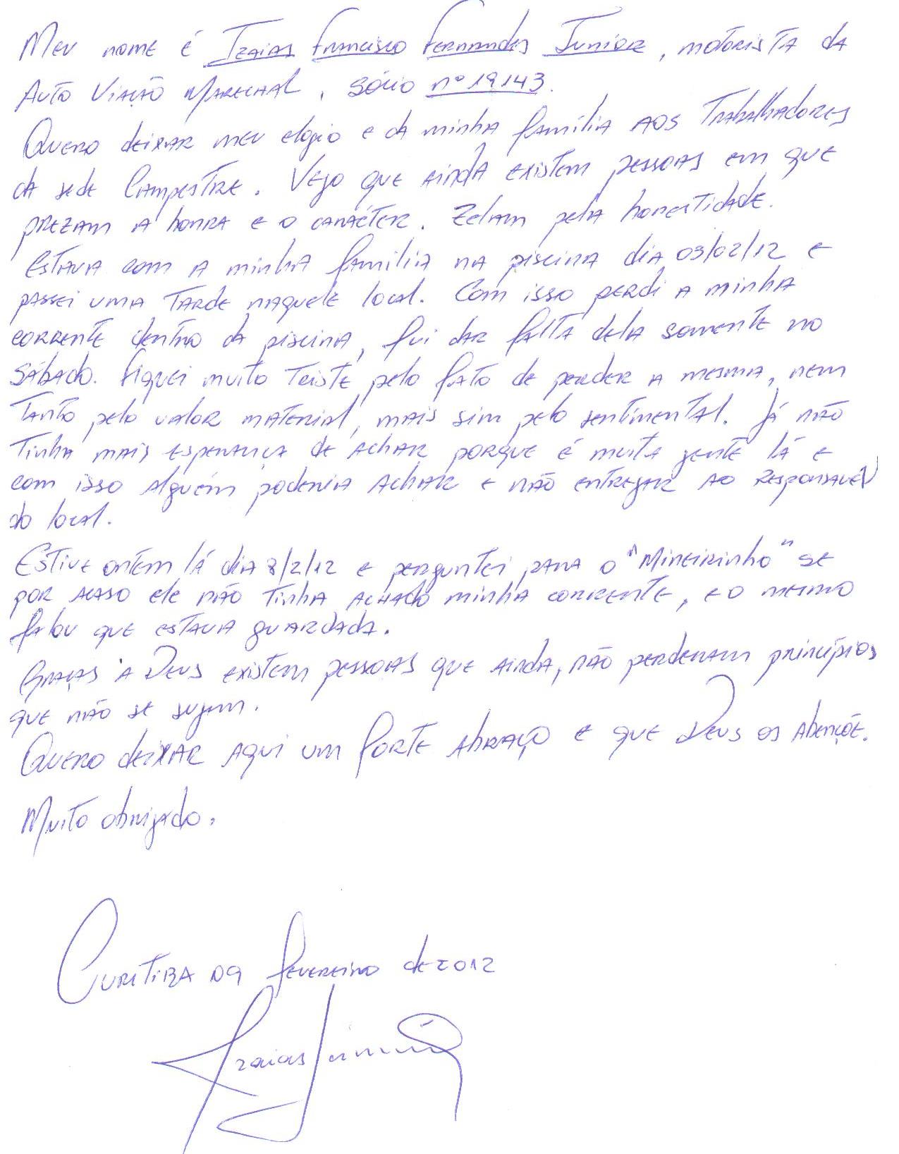 Sócio do Sindimoc faz agradecimento